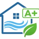 cône représentant une maison avec flux d’air propre, une feuille verte et un badge A+, symbolisant une très faible émission de COV et une excellente qualité de l’air intérieur, adaptée aux vernis à faible impact environnemental.