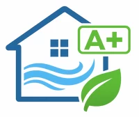 cône représentant une maison avec flux d’air propre, une feuille verte et un badge A+, symbolisant une très faible émission de COV et une excellente qualité de l’air intérieur, adaptée aux vernis à faible impact environnemental.